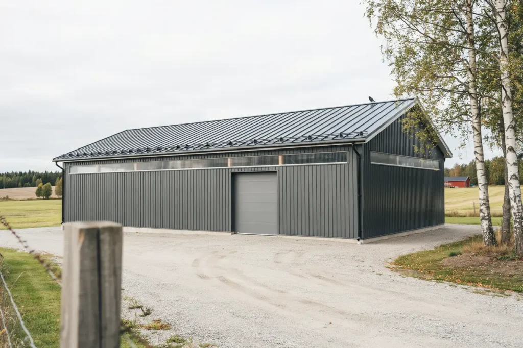 bandt ckt och dubbelfalsat pl ttak p maskinhall i rimbo norrt lje